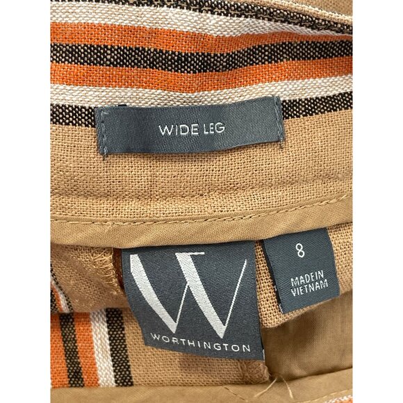 Worthington Wide Leg Pants Size 8 Brown Stripe Linen Blend Lightweight Neutral - Picture 6 of 8